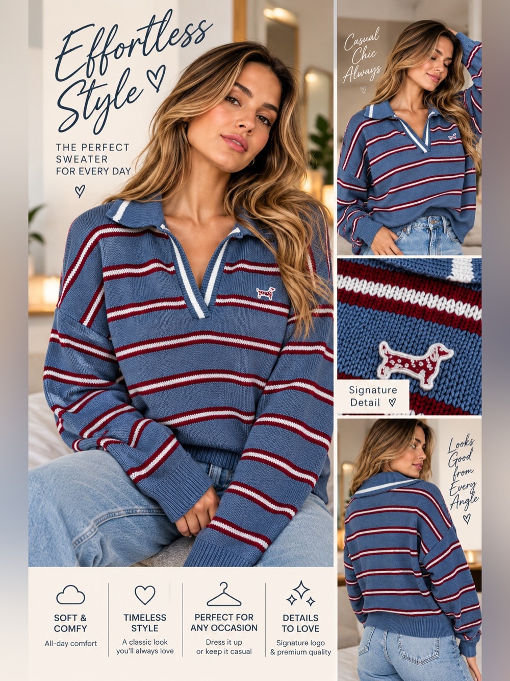 PINK Victoria's Secret Blue Striped Cropped Polo Sweater